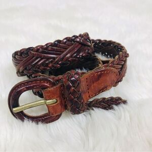 VINTAGE Y2K Brown Braided Genuine Leather Belt Woven‎ Whiskey Cognac Size XS XXS